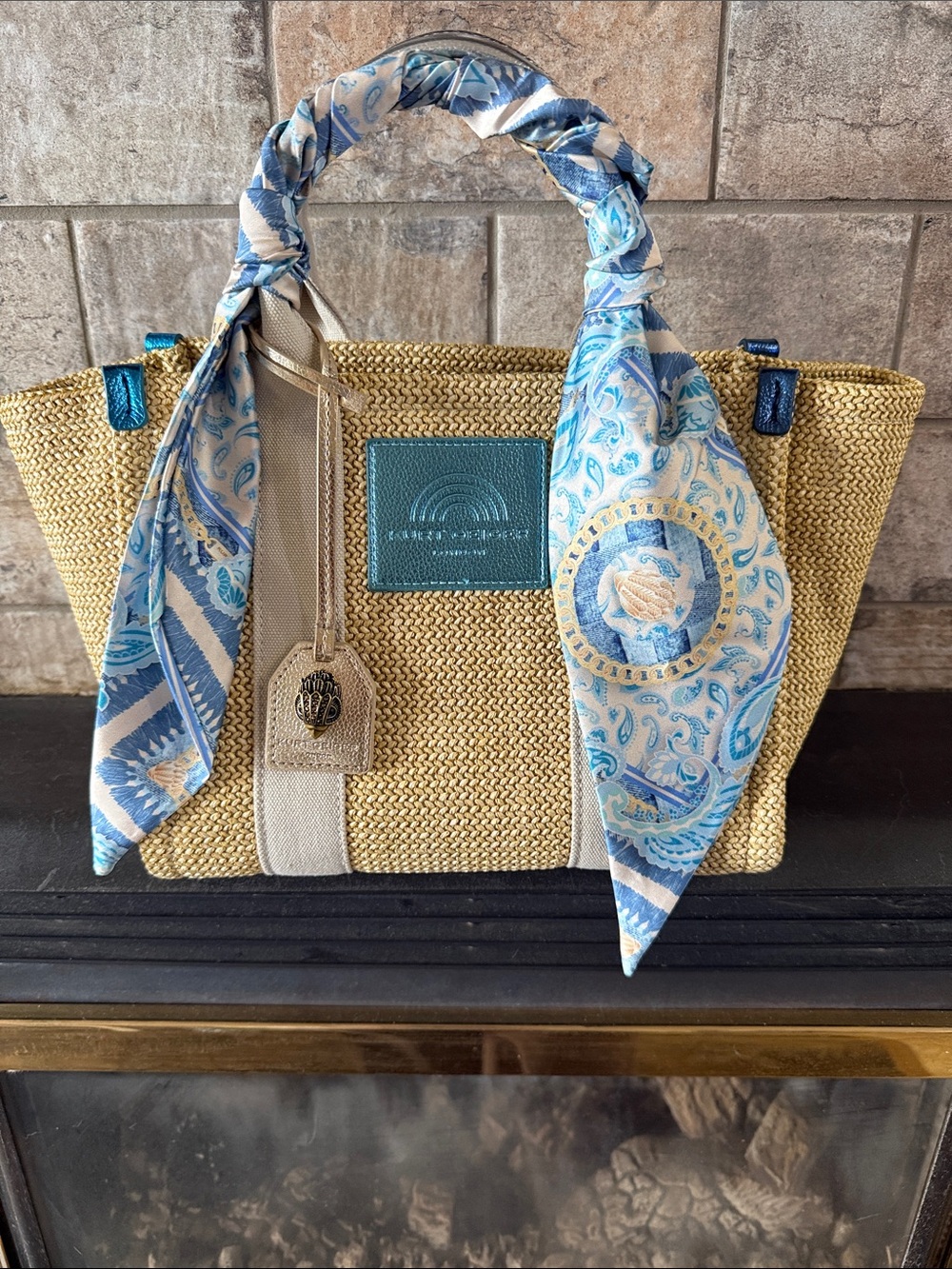 Kurt Geiger Tan Straw Tote with Blue Scarf Accent